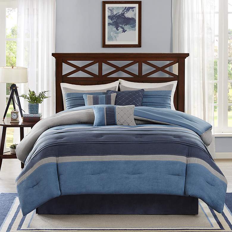 Image 1 Collins Navy Striped Microsuede 7-Piece Queen Comforter Set