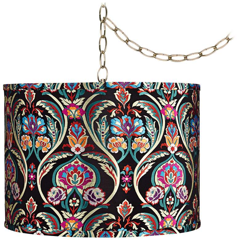 Image 1 Color Embroidery 15" Wide Antique Brass Plug-In Swag Chandelier