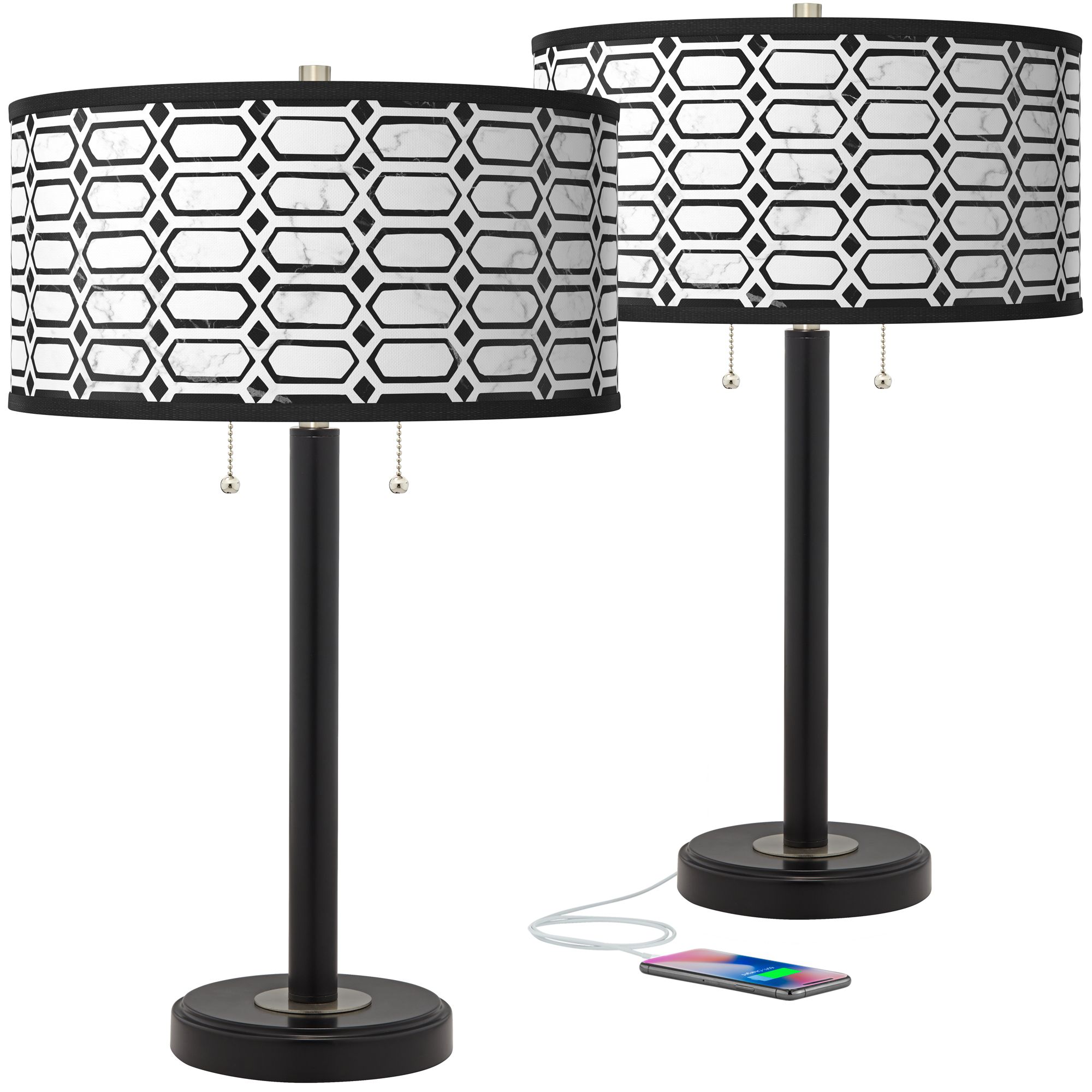 Image Color Plus Arturo 25" Rhombi Shade Black USB Table Lamps Set of 2
