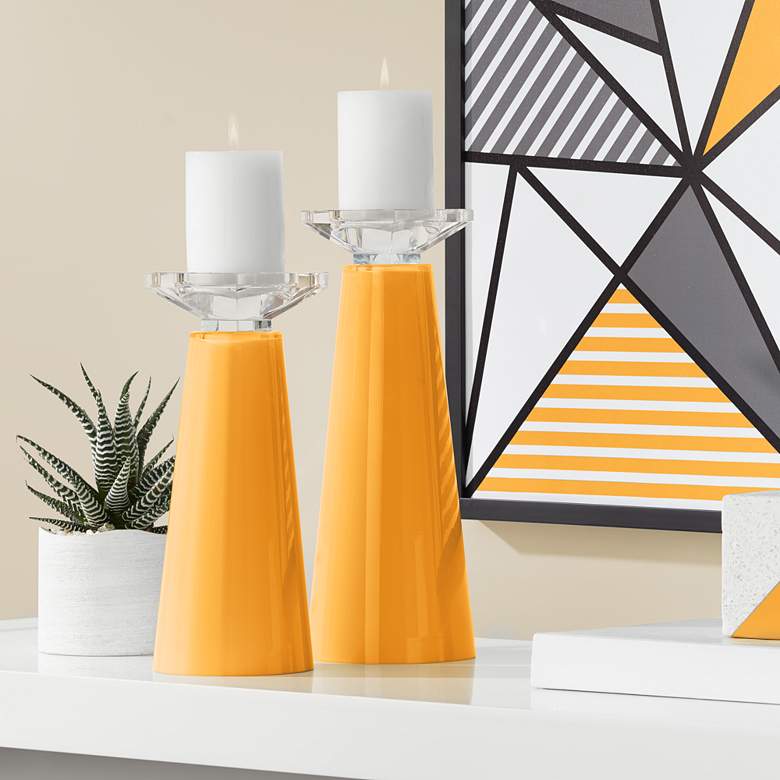 Image 1 Color Plus Meghan Carnival Orange Glass Pillar Candle Holders Set of 2