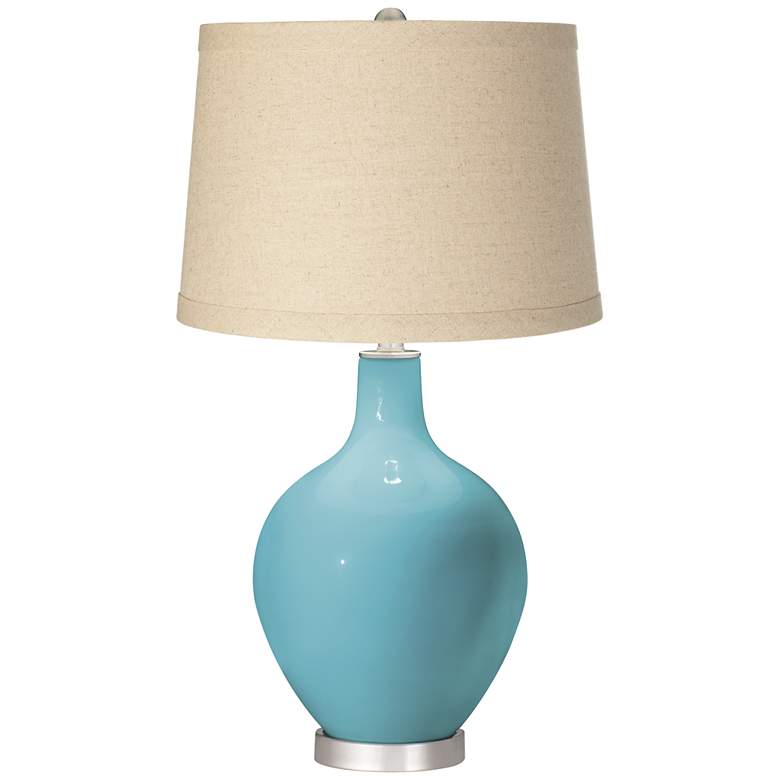 Color Plus Ovo 28 1/2&quot; Burlap and Nautilus  Blue Glass Table Lamp