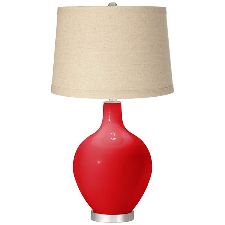 Image 1 Color Plus Ovo 28 1/2" Burlap Drum Shade Bright Red Table Lamp