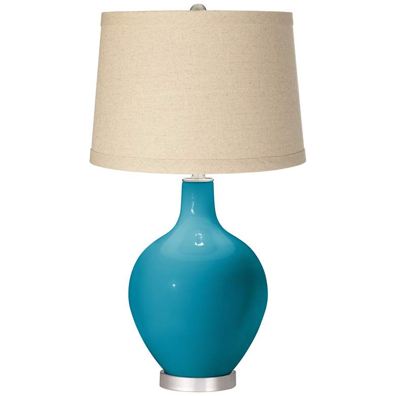 Image 1 Color Plus Ovo 28 1/2 inch Burlap Shade Caribbean Sea Blue Table Lamp