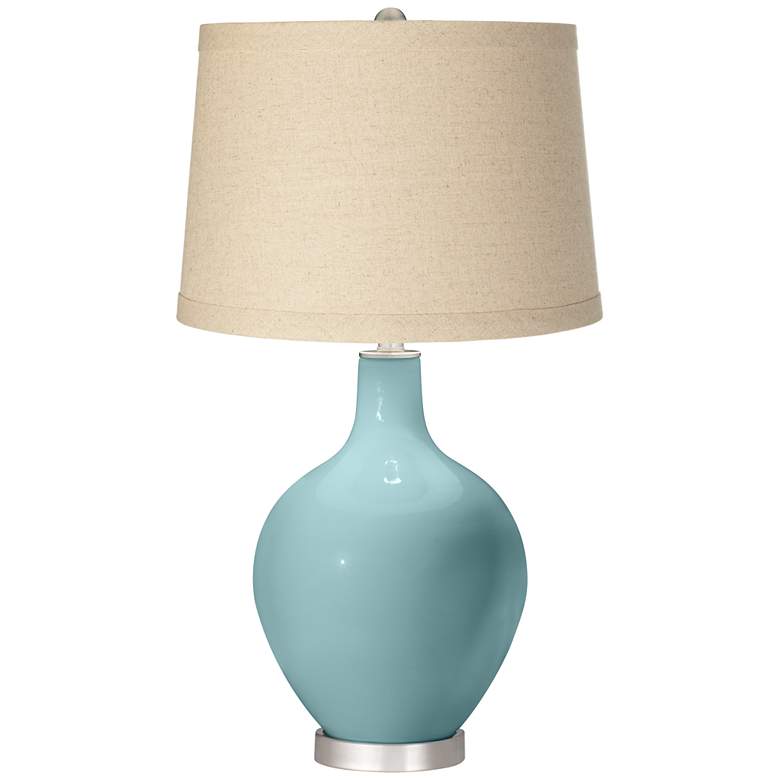 Image 1 Color Plus Ovo 28 1/2" Oatmeal Linen Shade Raindrop Blue Table Lamp