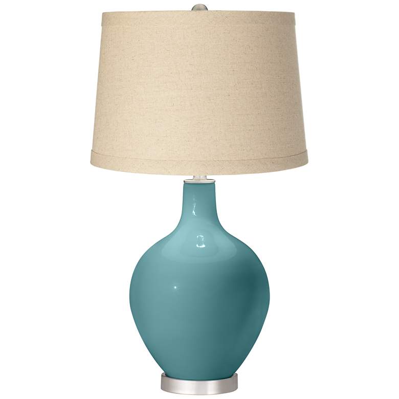 Image 1 Color Plus Ovo 28 1/2" Oatmeal Linen Shade Reflecting Pool Blue Lamp