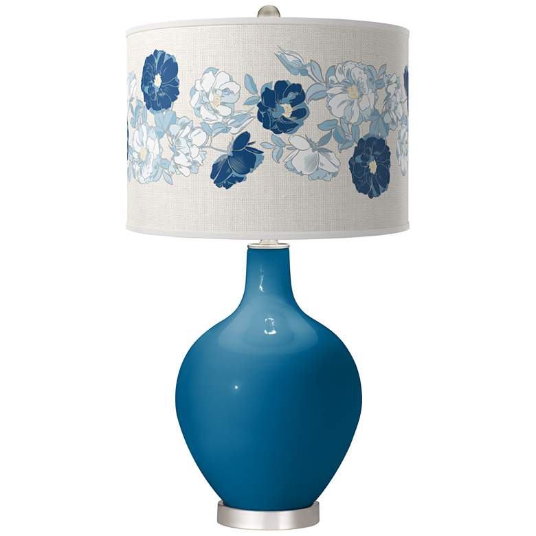 Image 1 Color Plus Ovo 28 1/2" Rose Bouquet Shade Mykonos Blue Table Lamp