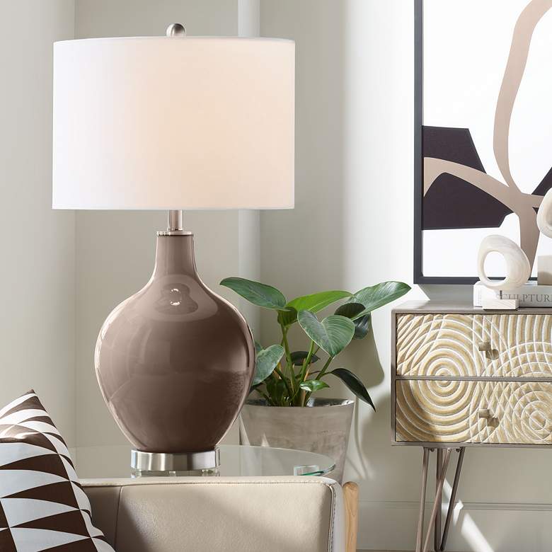 Image 1 Color Plus Ovo 28 1/2" White Shade Carafe Brown Glass Table Lamp