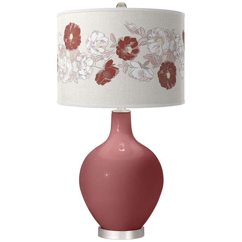 Image 1 Color Plus Ovo Nickel 28 1/2" Rose Bouquet Shade Toile Red Table Lamp