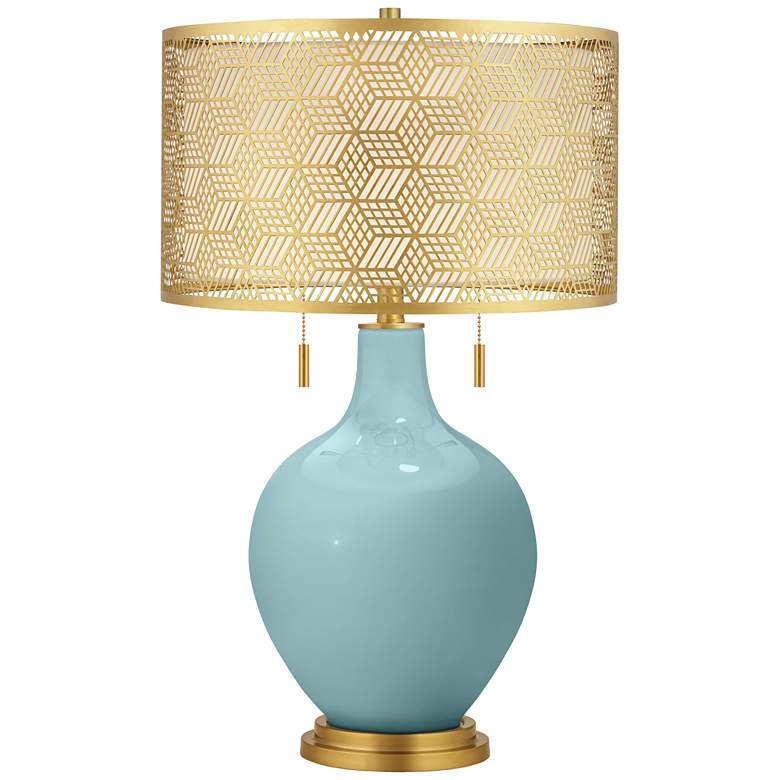 Image 1 Color Plus Toby 28" Brass Shade and Raindrop Blue Modern Table Lamp