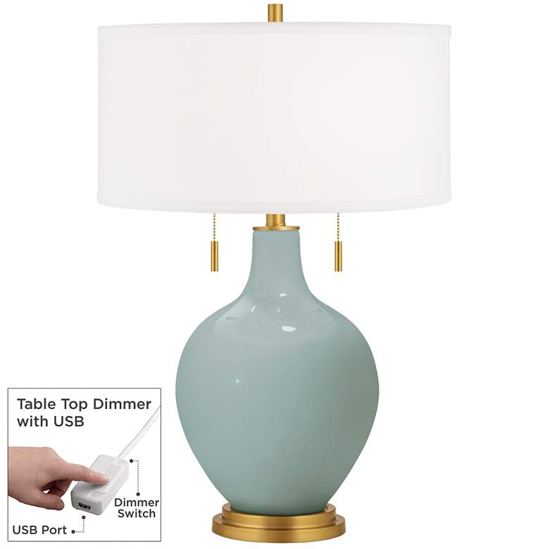 Image 1 Color Plus Toby Brass 28" Aqua-Sphere Blue Table Lamp with USB Dimmer