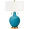 Color Plus Toby Brass 28" Caribbean Sea Blue Lamp with USB Dimmer