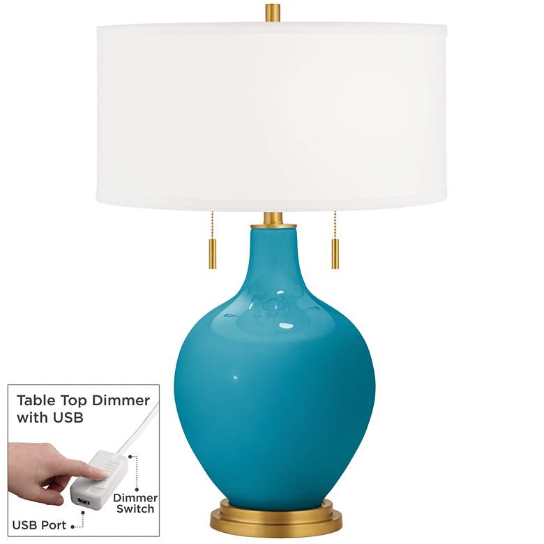 Image 1 Color Plus Toby Brass 28" Caribbean Sea Blue Lamp with USB Dimmer