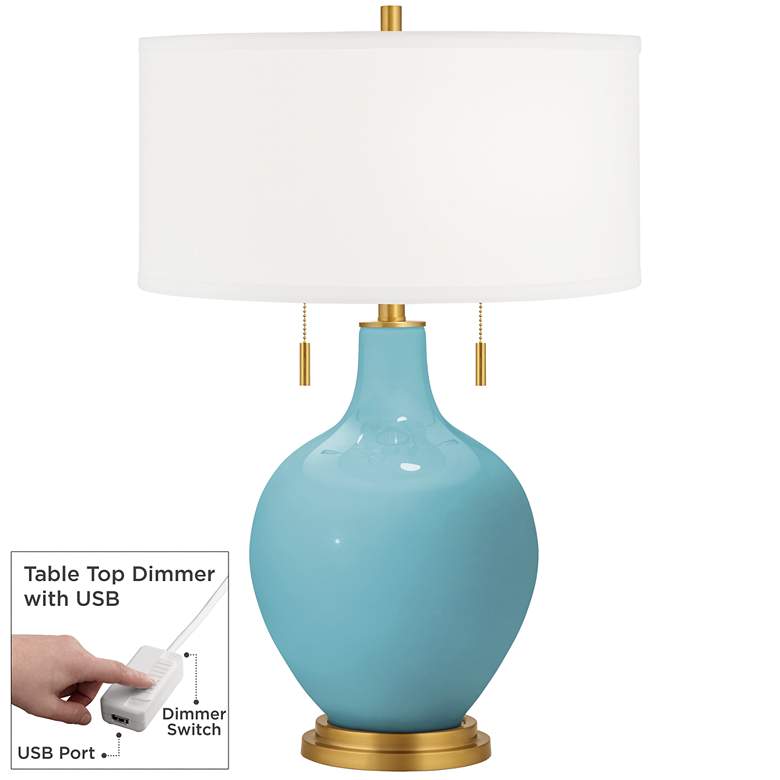 Image 1 Color Plus Toby Brass 28" Nautilus Blue Table Lamp with USB Dimmer
