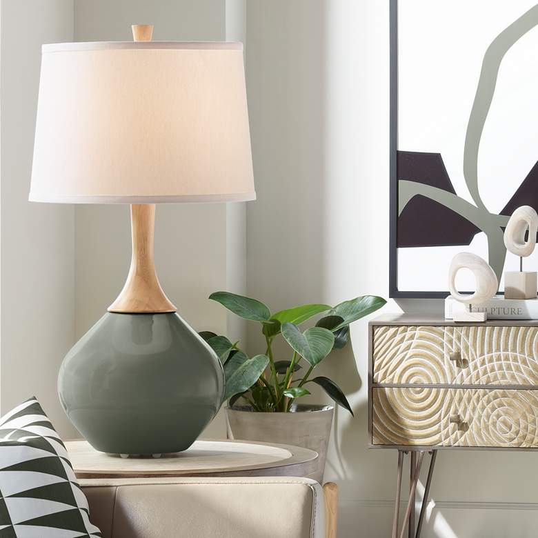 Image 1 Color Plus Wexler 31" High Fog Linen Shade Pewter Green Table Lamp