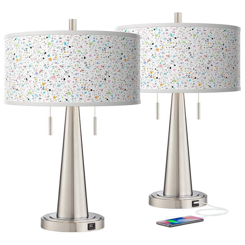 Image 2 Colored Terrazzo Vicki Brushed Nickel USB Table Lamps Set of 2