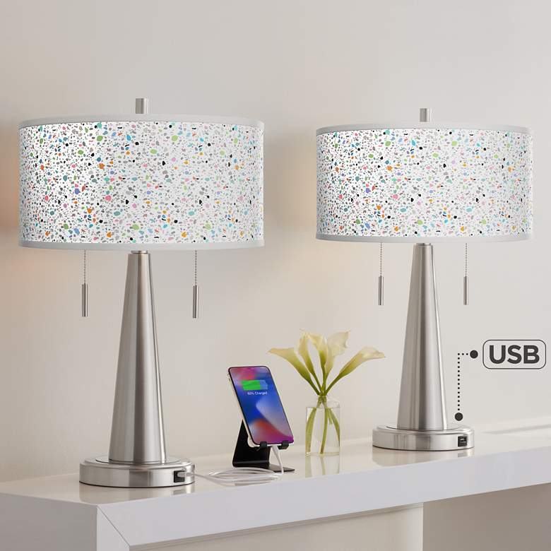 Image 1 Colored Terrazzo Vicki Brushed Nickel USB Table Lamps Set of 2