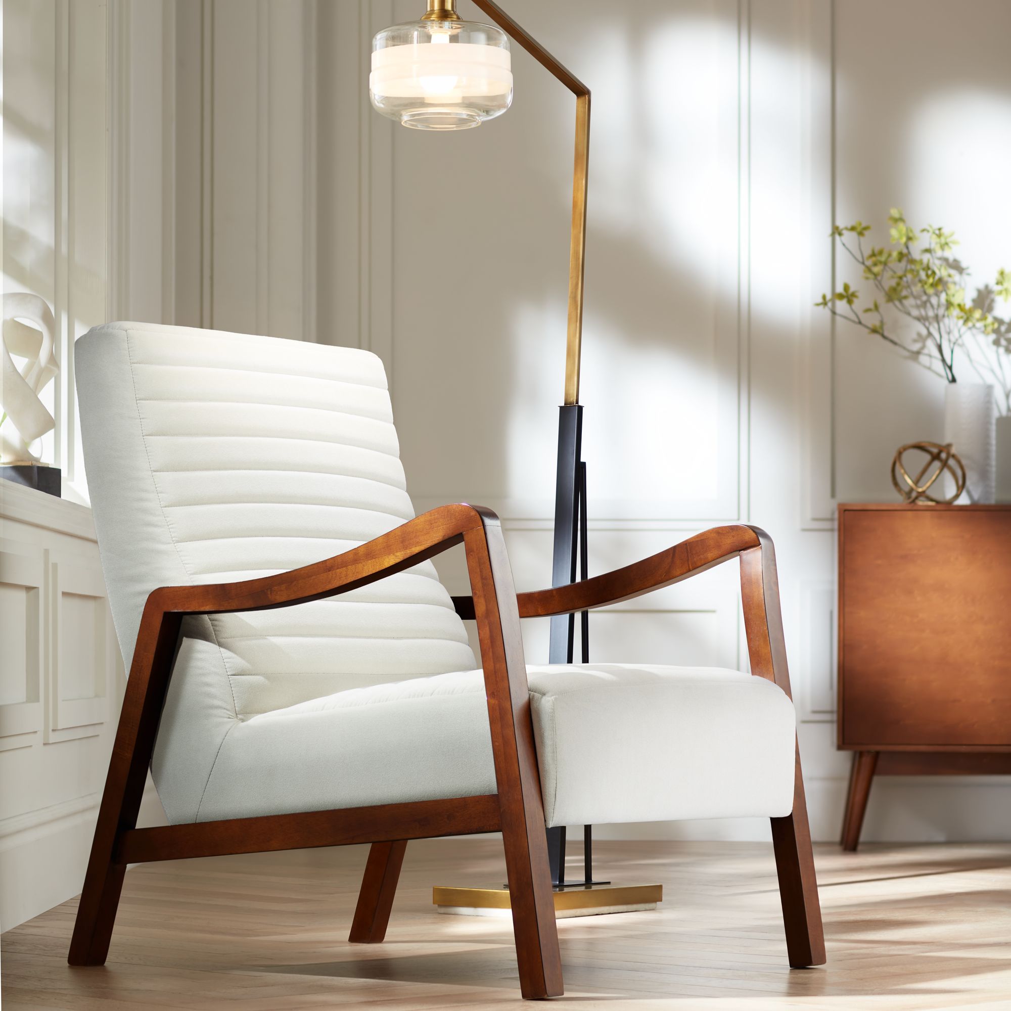 white and wood lounge chair