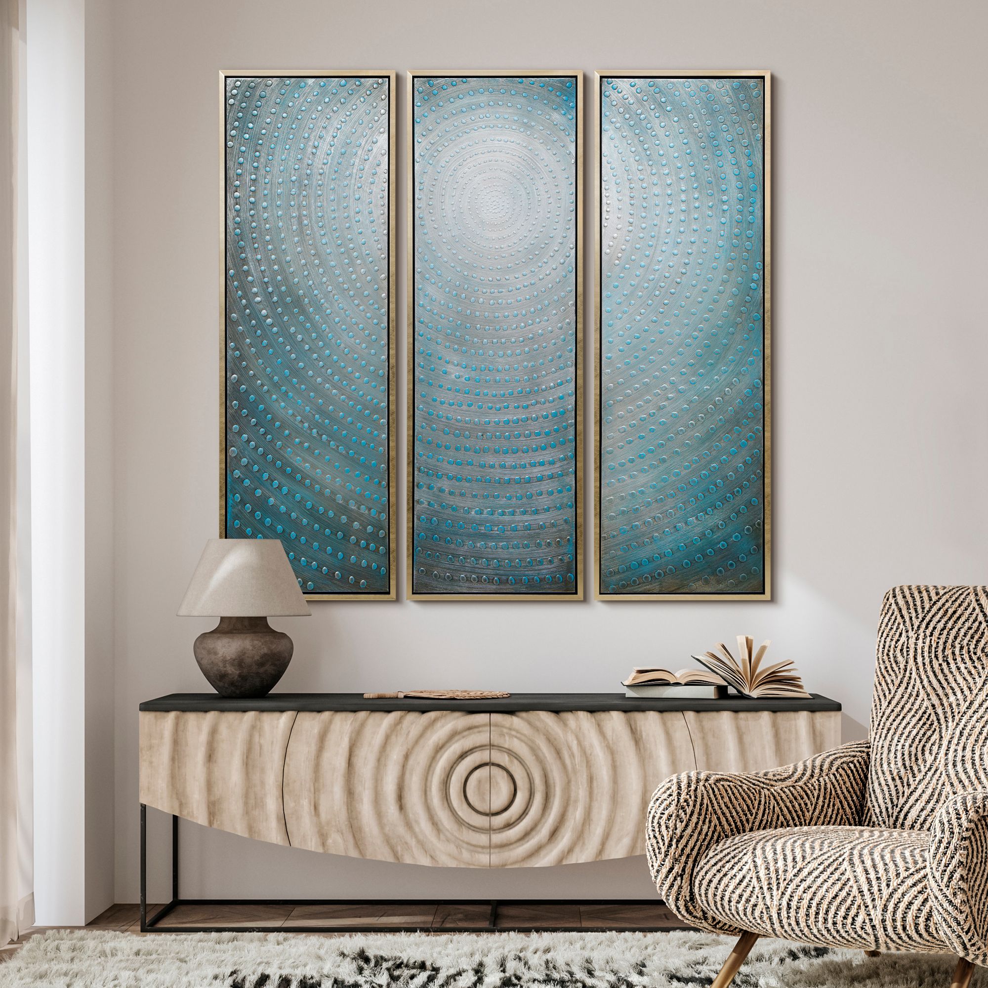 Concentric 60"H Metallic 3-Piece Framed Canvas Wall Art Set in scene