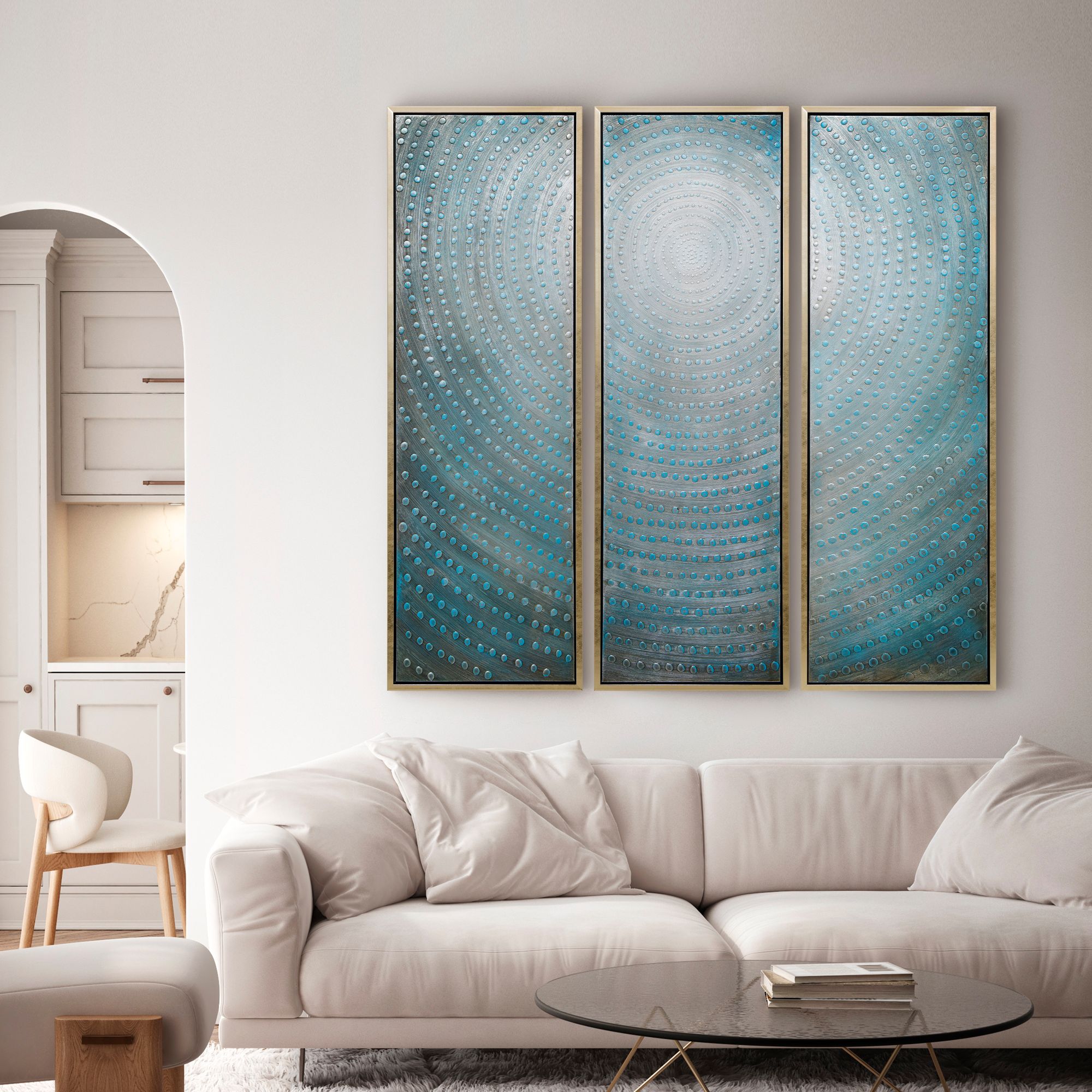 Concentric 60"H Metallic 3-Piece Framed Canvas Wall Art Set in scene