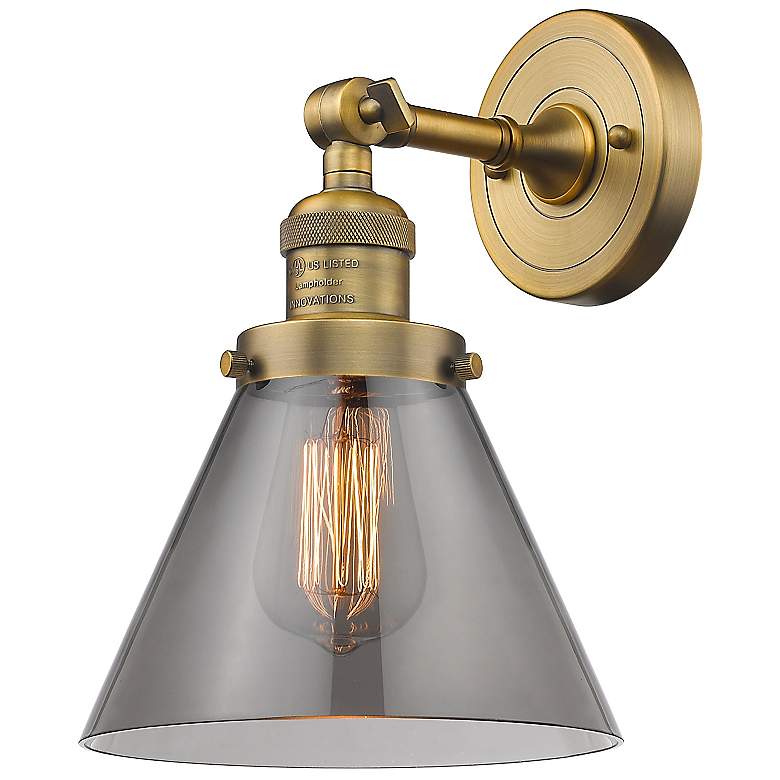 Image 2 Cone 10 1/2" High Brushed Brass Wall Sconce w/ Smoke Glass