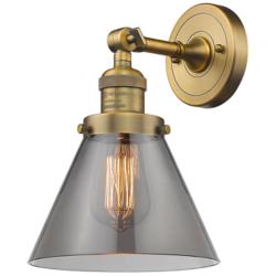 Cone 10 1/2" High Brushed Brass Wall Sconce w/ Smoke Glass