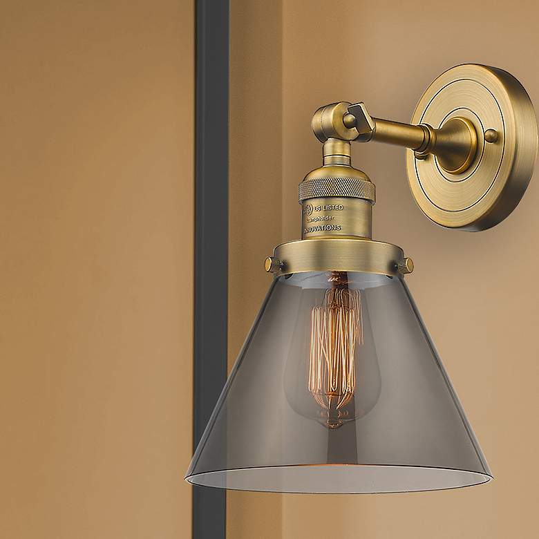 Image 1 Cone 10 1/2" High Brushed Brass Wall Sconce w/ Smoke Glass