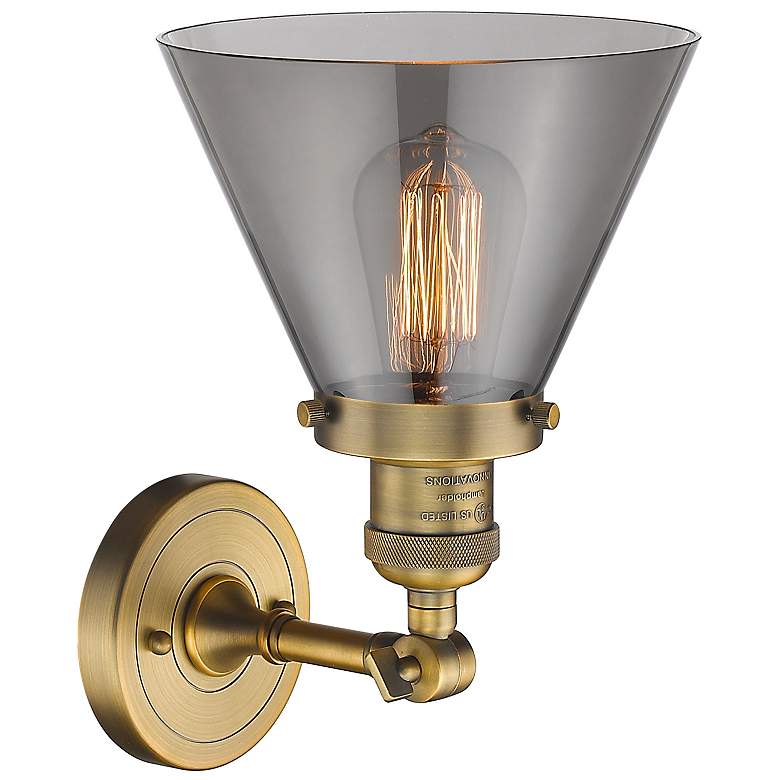 Image 3 Cone 10 1/2" High Brushed Brass Wall Sconce w/ Smoke Glass more views