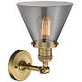 3_Cone 10 1/2" High Brushed Brass Wall Sconce w/ Smoke Glass more views