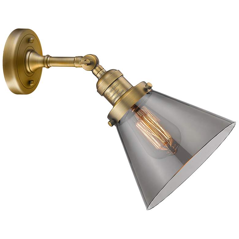 Image 4 Cone 10 1/2" High Brushed Brass Wall Sconce w/ Smoke Glass more views