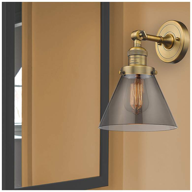 Image 7 Cone 10 1/2" High Brushed Brass Wall Sconce w/ Smoke Glass more views