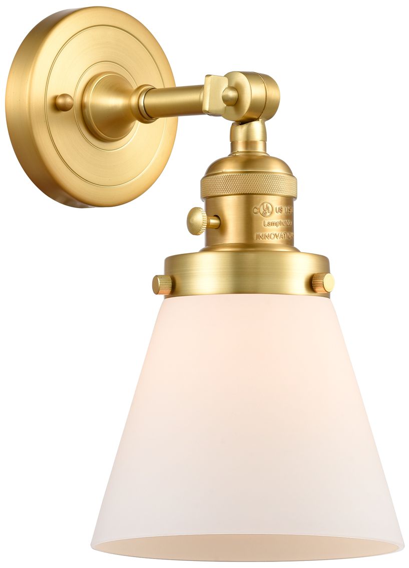 Cone 10" High Satin Gold Wall Sconce with White Glass