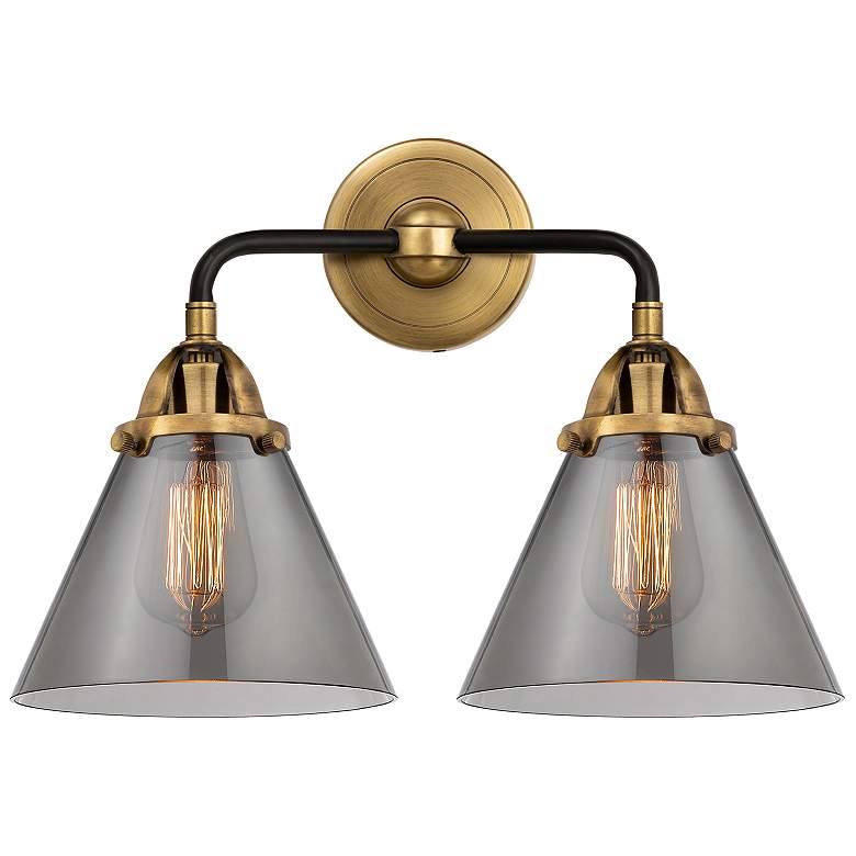 Image 1 Cone 12 1/2"H Black Brass Smoke Glass 2-Light Wall Sconce
