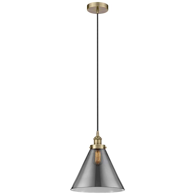 Image 1 Cone 12" Antique Brass Mini Pendant w/ Plated Smoke Shade