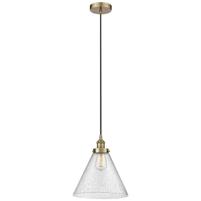 Image 1 Cone 12" Antique Brass Mini Pendant w/ Seedy Shade