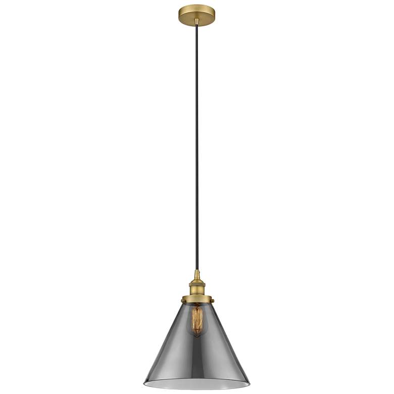 Image 1 Cone 12" Brushed Brass Mini Pendant w/ Plated Smoke Shade