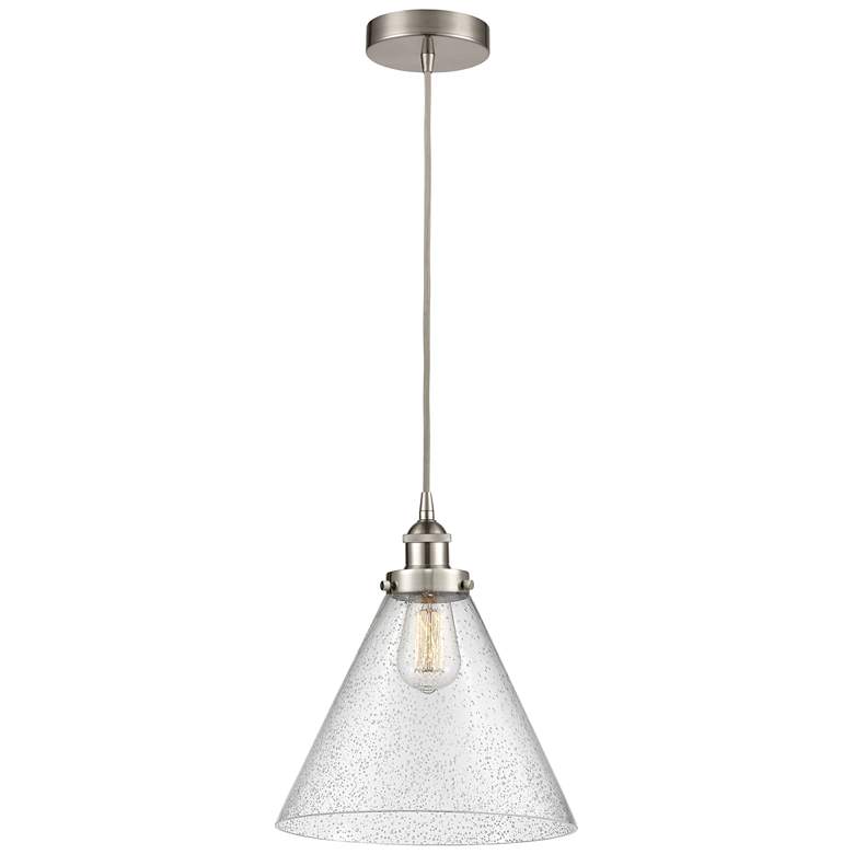 Image 1 Cone 12" Brushed Satin Nickel Mini Pendant w/ Seedy Shade