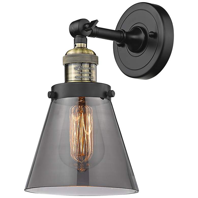 Image 1 Cone 12" High Black Antique Brass Wall Sconce w/ Smoke Glass