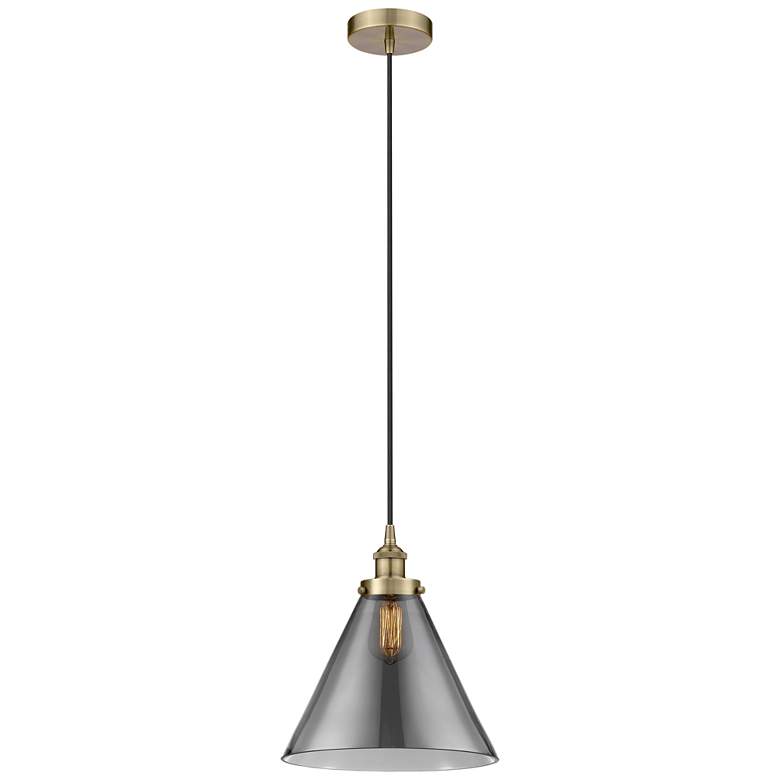 Image 1 Cone 12 inch LED Mini Pendant - Antique Brass - Plated Smoke Shade