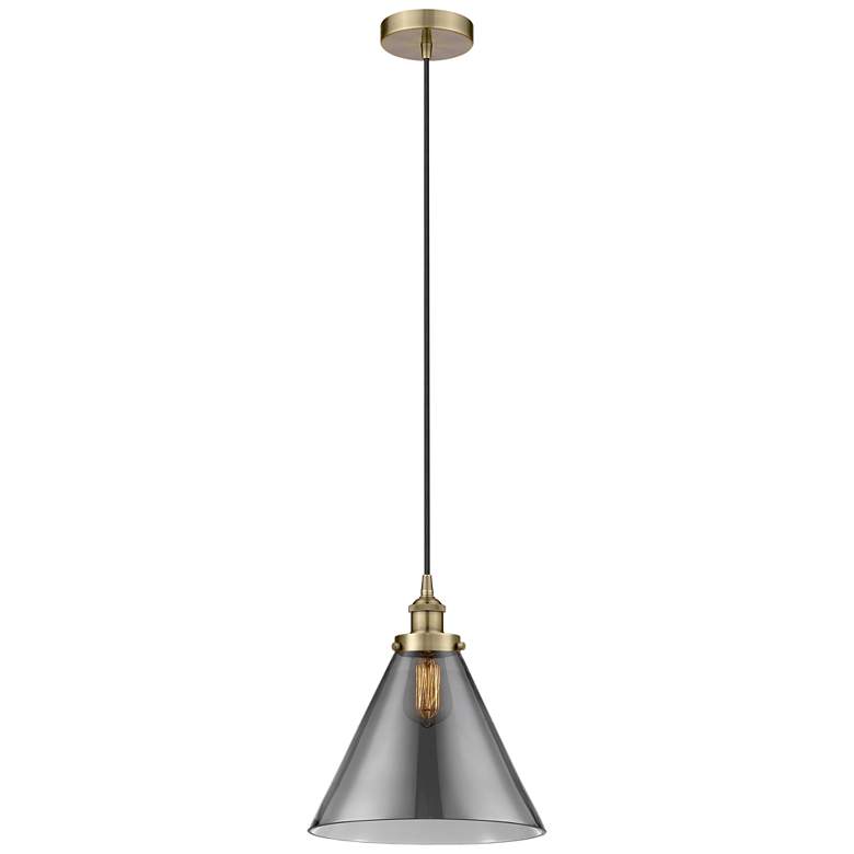 Image 1 Cone 12" LED Mini Pendant - Antique Brass - Plated Smoke Shade