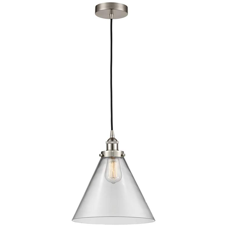 Image 1 Cone 12" LED Mini Pendant - Brushed Satin Nickel - Clear Shade