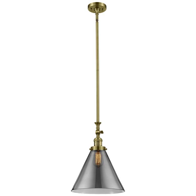 Image 1 Cone 12" Wide Antique Brass Stem Hung Mini Pendant w/ Plated Smoke Sha