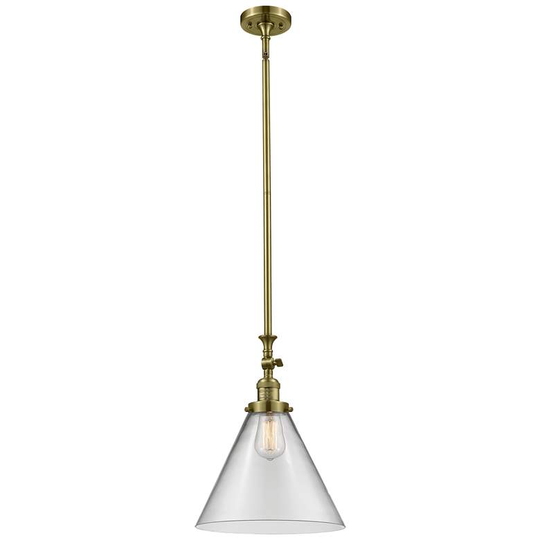 Image 1 Cone 12" Wide Antique Brass Stem Hung Tiltable Mini Pendant w/ Clear S