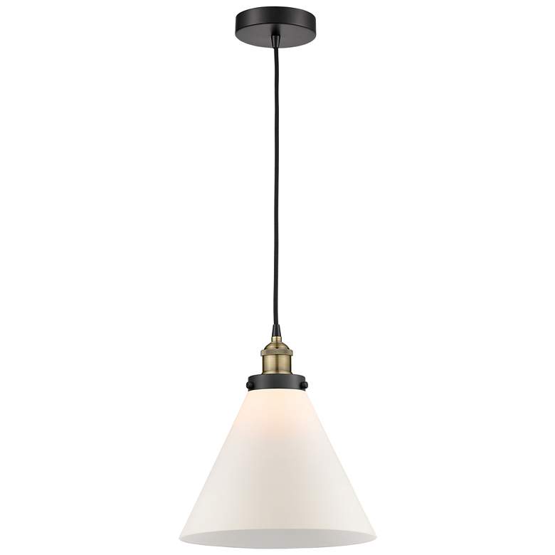 Image 1 Cone 12" Wide Black Brass Corded Mini Pendant w/ Matte White Shade