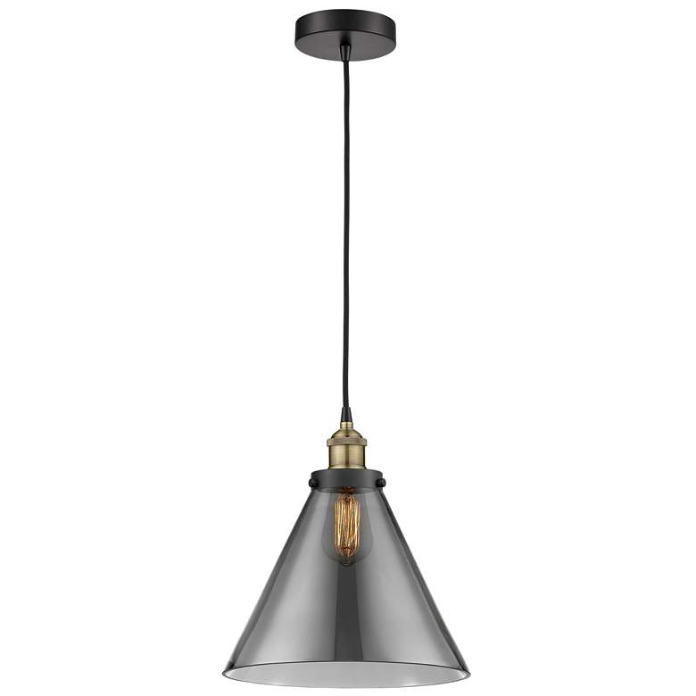 Image 1 Cone 12" Wide Black Brass Corded Mini Pendant w/ Plated Smoke Shade