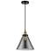 Cone 12" Wide Black Brass Corded Mini Pendant w/ Plated Smoke Shade