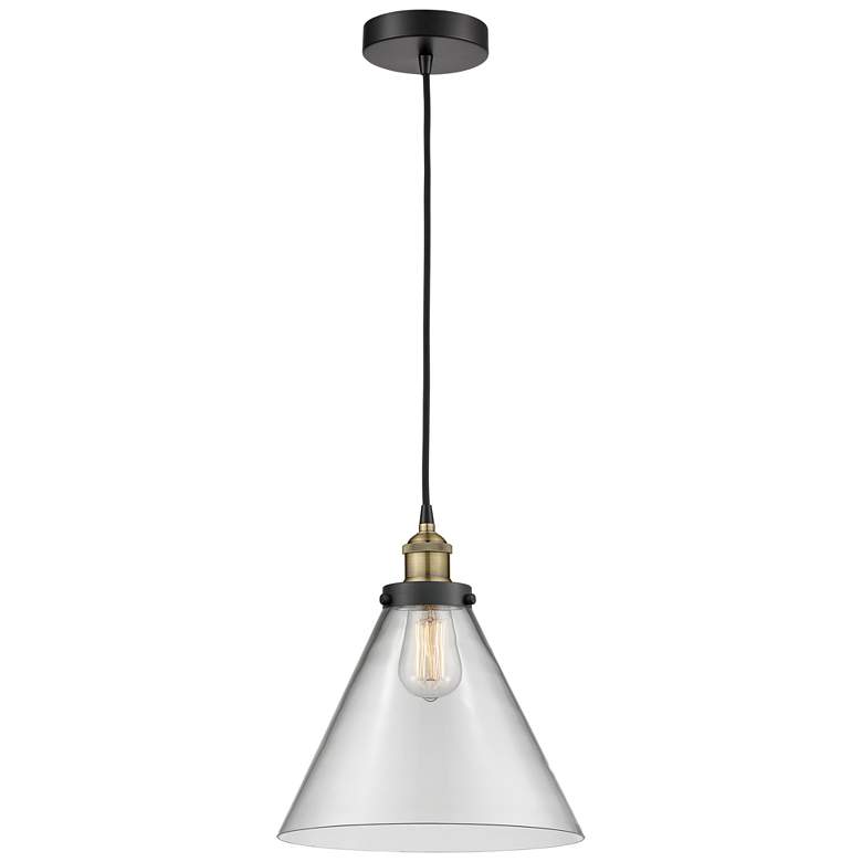 Image 1 Cone 12" Wide Black Brass Corded Mini Pendant With Clear Shade