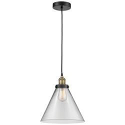 Cone 12&quot; Wide Black Brass Corded Mini Pendant With Clear Shade