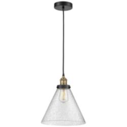 Cone 12&quot; Wide Black Brass Corded Mini Pendant With Seedy Shade