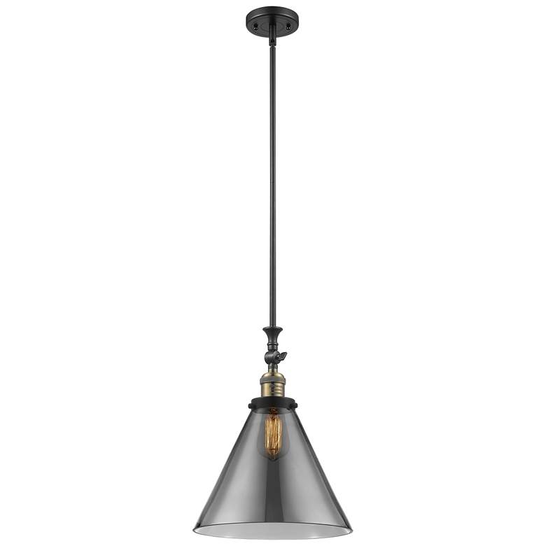 Image 1 Cone 12" Wide Black Brass Stem Hung Mini Pendant w/ Plated Smoke Shade