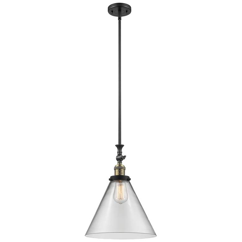 Image 1 Cone 12" Wide Black Brass Stem Hung Tiltable Mini Pendant w/ Clear Sha